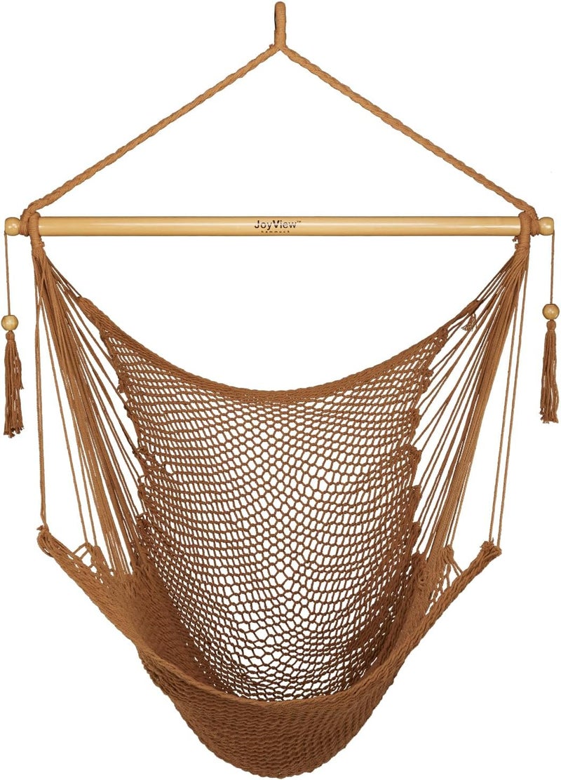 JoyView Hammock Chair with Spreader Bar Caribbean Hammock Swing Chair 300 LBS Weight Capacity XL Rope Hanging Chair for Outdoor Indoor Garden Yard - Brown - Image 1